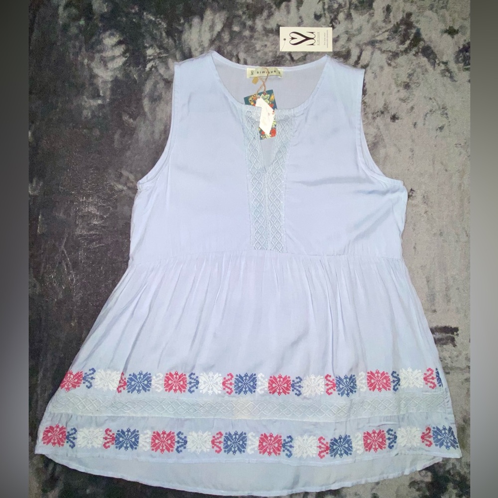 NWT Boutique Simisue Cross Stitch Oversized Loose Fit Blue Tank Top Small or Med